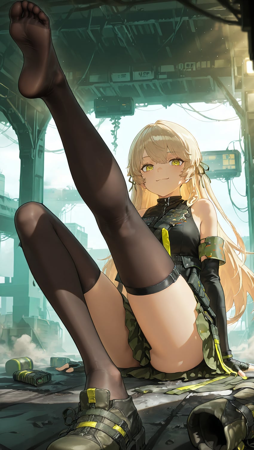 1girl, absurdres, ass, bangs, bare_shoulders, black_gloves, black_thighhighs, blonde_hair