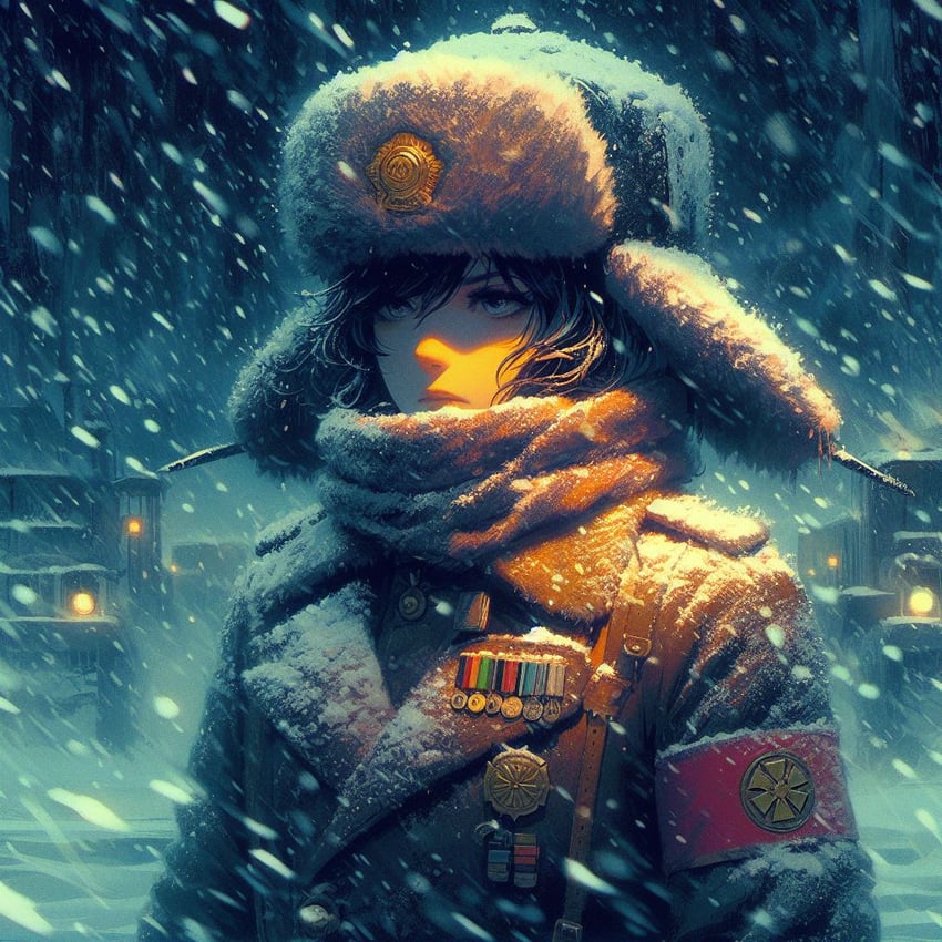 1girl, black_hair, blue_eyes, brown_coat, brown_headwear, brown_scarf, closed_mouth, coat, dall-e, fur_hat, hat, insignia, lamp, lapels, medal, medium_hair, metadata_request, night, non-web_source, original, outdoors, red_armband, scarf, self-upload, selloak, shoulder_pads, snow, snow_on_hair, snowing, snowstorm, solo, upper_body, ushanka, wind
