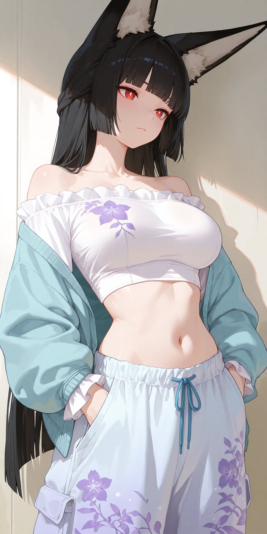 1girl, absurdres, aiwaifuart55378, animal_ear_fluff, animal_ears, bangs, bare_shoulders, black_hair, blue_jacket, blunt_bangs, blunt_ends, breasts, bright_pupils, closed_mouth, collarbone, commentary, cowboy_shot, crop_top, cropped_shirt, eyebrows_visible_through_hair, floral_print, fox_ears, fox_girl, frilled_sleeves, frills, grey_pants, hands_in_pockets, highres, hoshimi_miyabi, jacket, japanese_commentary, large_breasts, long_hair, long_sleeves, looking_ahead, midriff, model_request, navel, off_shoulder, pants, print_pants, print_shirt, red_eyes, shirt, solo, standing, strapless, strapless_shirt, white_pupils, white_shirt, zenless_zone_zero