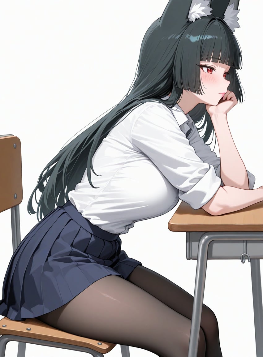 1girl, animal_ear_fluff, animal_ears, bangs, black_hair, black_skirt, blunt_bangs, blush