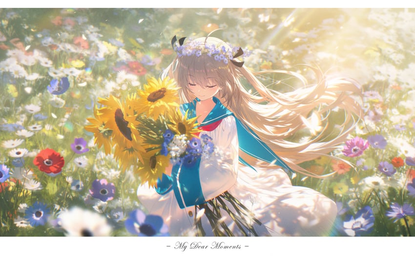 1girl, atri, atri-my_dear_moments-, closed_eyes, dappled_sunlight, field, flower, flower_field, head_wreath, highres, light_rays, school_uniform, serafuku, solo, sunflower, sunlight, xiaobaitu_naitang_i