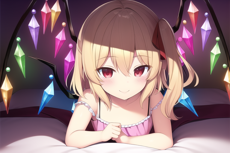 1girl, alternate_costume, bad_id, bad_pixiv_id, bangs, bare_arms, bare_shoulders, bed_sheet, blonde_hair, blush, camisole, closed_mouth, collarbone, commentary_request, crystal, eyebrows_visible_through_hair, flandre_scarlet, hair_between_eyes, japanese_commentary, kashikihara, looking_at_viewer, lowres, lying, no_headwear, novelai, on_stomach, one_side_up, red_eyes, seductive_smile, smile, solo, strap_slip, touhou, wings