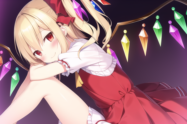 1girl, ascot, bad_id, bad_pixiv_id, blonde_hair, blush, commentary_request, crystal, flandre_scarlet, kashikihara, looking_at_viewer, lowres, no_headwear, novelai, one_side_up, puffy_short_sleeves, puffy_sleeves, red_eyes, red_skirt, red_vest, ribbon, shirt, short_sleeves, side_ponytail, skirt, smile, solo, touhou, vest, wings, yellow_ascot