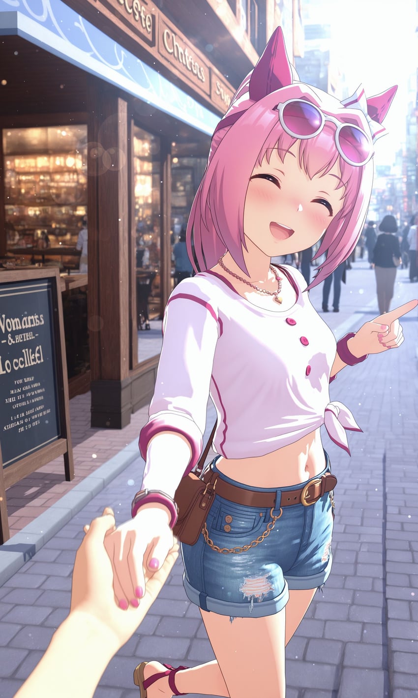 1girl, 3d, :d, ^_^, absurdres, bad_hands, bag, blurry, blush, closed_eyes, crop_top, denim, denim_shorts, depth_of_field, error, extra_finger, floating_hair, from_behind, haru_urara_(umamusume), highres, holding_hands, interlocked_fingers, kaenni, lens_flare, long_hair, looking_back, loose_hair, motion_blur, non-web_source, open_mouth, outdoors, ponytail, pov, road, sandals, self-upload, shorts, shoulder_bag, smile, street, sunlight, umamusume, wai-illustrious-sdxl