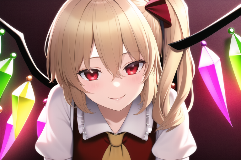 1girl, ascot, bad_id, bad_pixiv_id, bangs, blonde_hair, blush, commentary_request, crystal, flandre_scarlet, hair_between_eyes, head_tilt, kashikihara, lips, looking_at_viewer, lowres, no_headwear, novelai, one_side_up, puffy_short_sleeves, puffy_sleeves, red_eyes, red_vest, shirt, short_sleeves, side_ponytail, smile, solo, touhou, upper_body, vest, wings