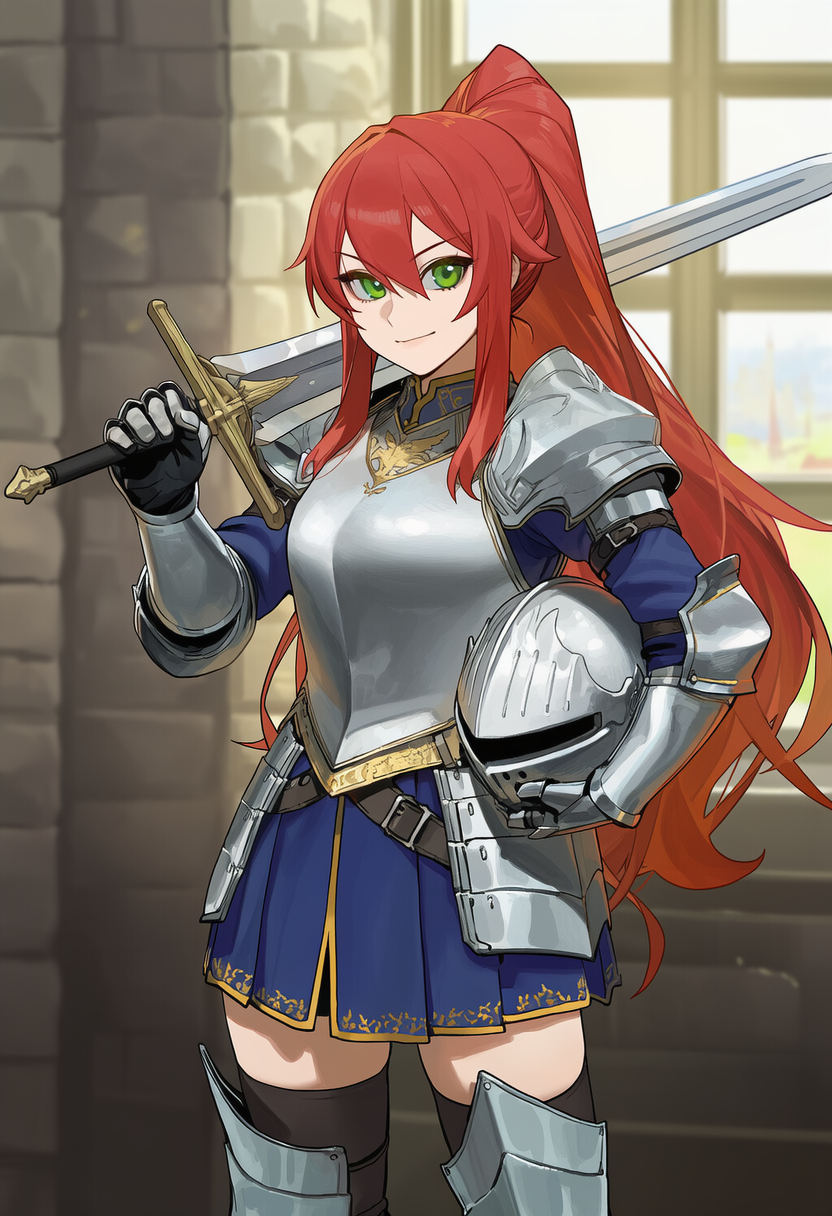 1girl, apprenticedomini, armor, armored_boots, armored_dress, bangs, belt, blue_dress