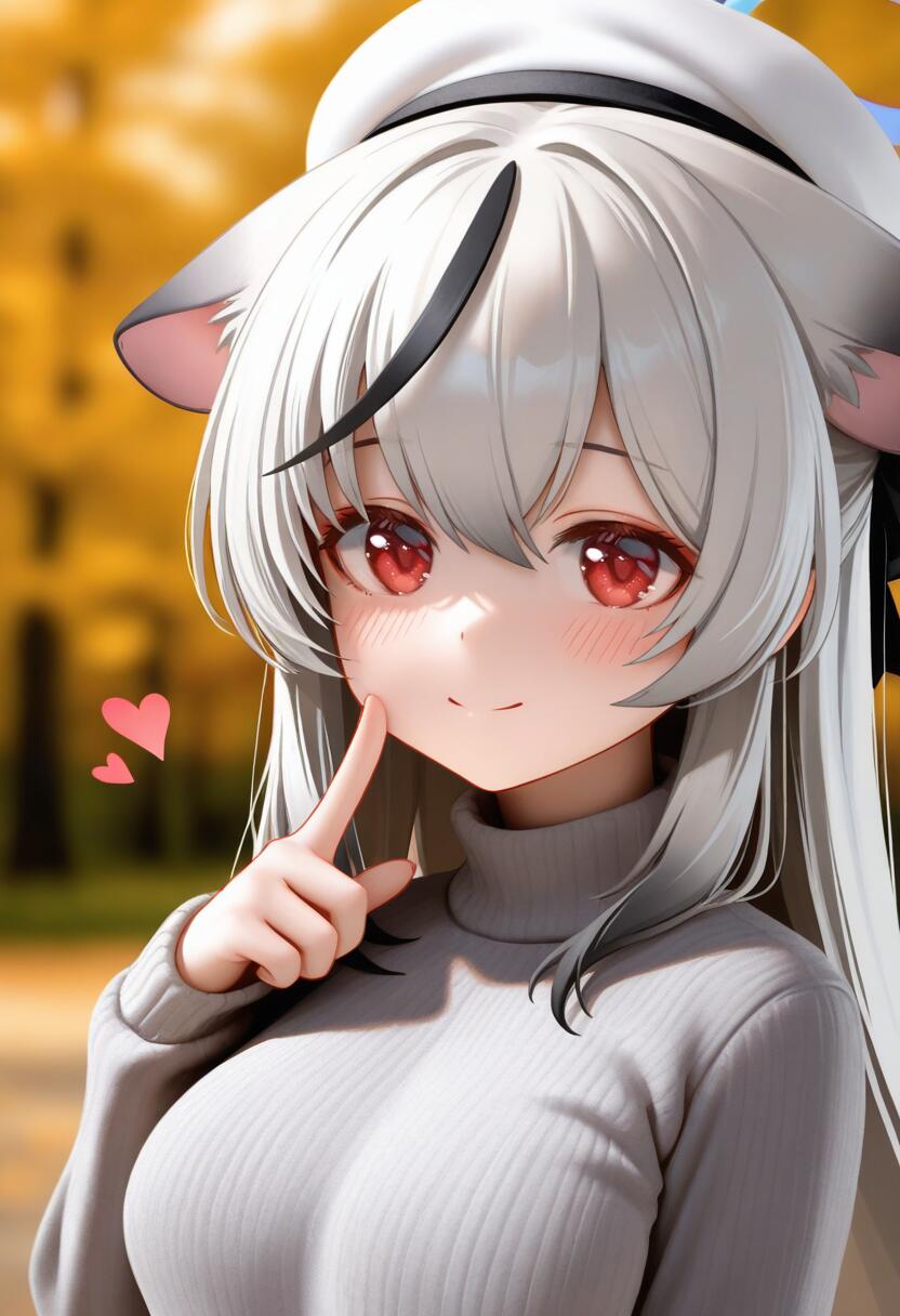 1girl, animal_ears, beret, black_streaks, blue_archive, blurry, blurry_background, blush