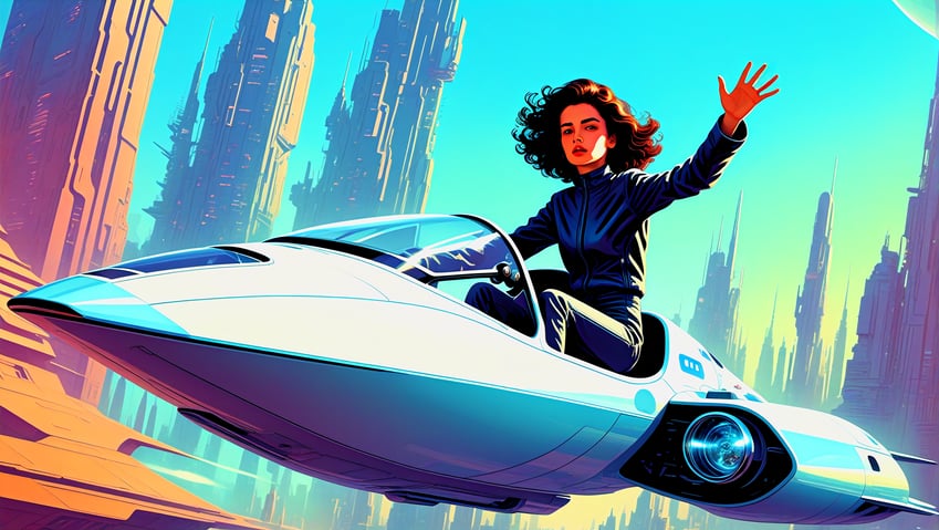 1girl, brown_eyes, brown_hair, city, clear_sky, curly_hair, flying, hoverbike, jbamba, long_sleeves, looking_at_viewer, neon_palette, non-web_source, original, outdoors, pilot_suit, retrofuturism, science_fiction, self-upload, sky, solo, waving