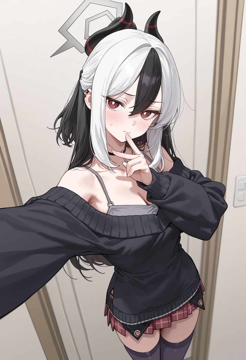 1girl, black_choker, black_hair, black_sweater, black_thighhighs, blue_archive, blush, breasts