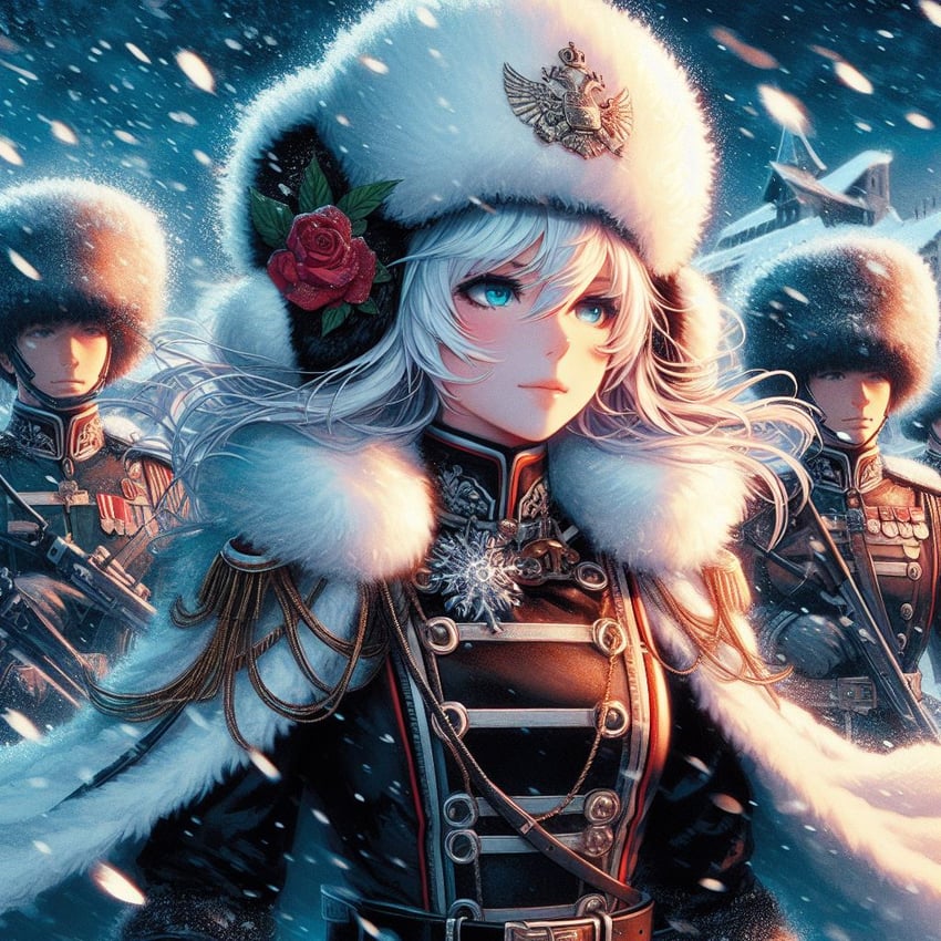 1girl, 2boys, black_suit, blue_eyes, building, cape, closed_mouth, dall-e