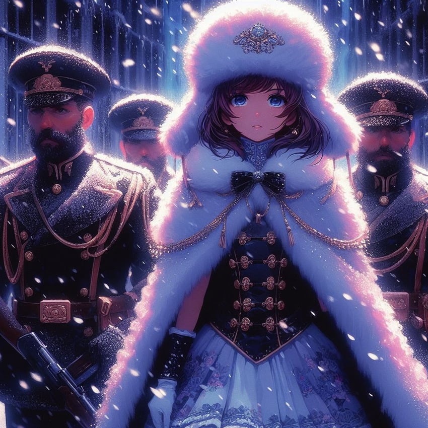 1girl, 3boys, backlighting, beard, black_coat, black_corset, black_hair, brown_hair