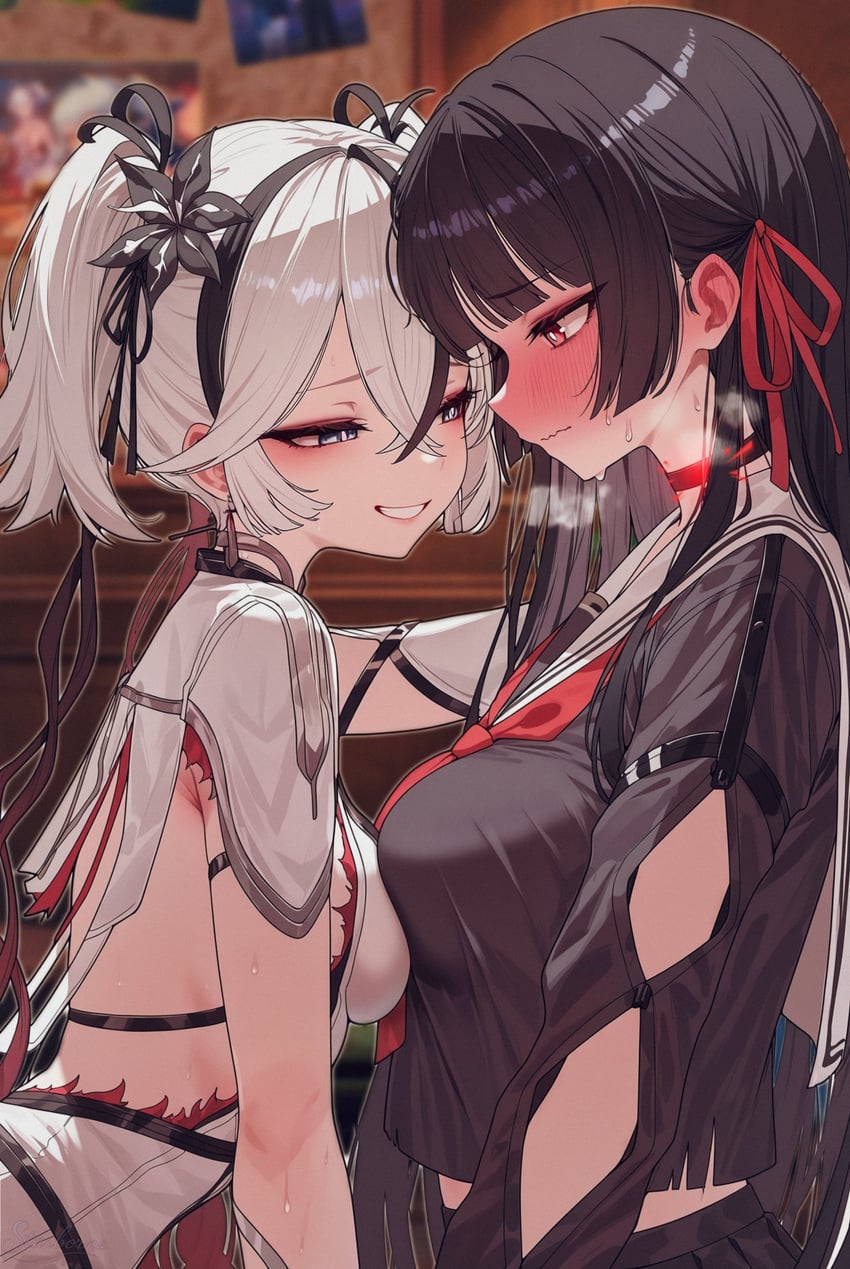 2girls, absurdres, asymmetrical_docking, bangs, black_flower, black_hair, black_serafuku, black_shirt