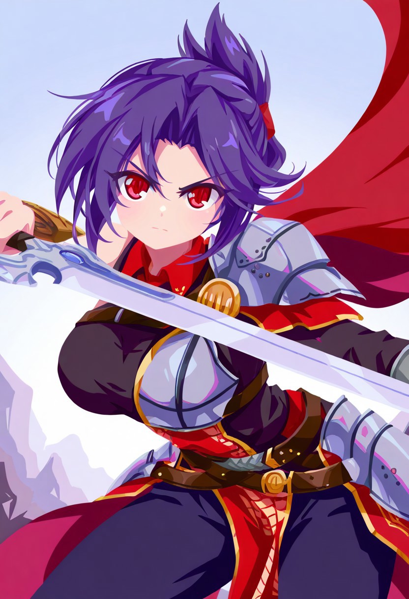 1girl, arm_armor, armor, belt, black_pants, black_shirt, blue_sky, boobplate