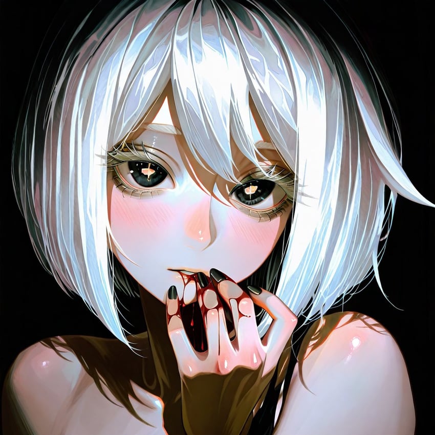 1girl, bangs, bare_shoulders, black_background, black_eyes, black_eyeshadow, black_hair, black_nails