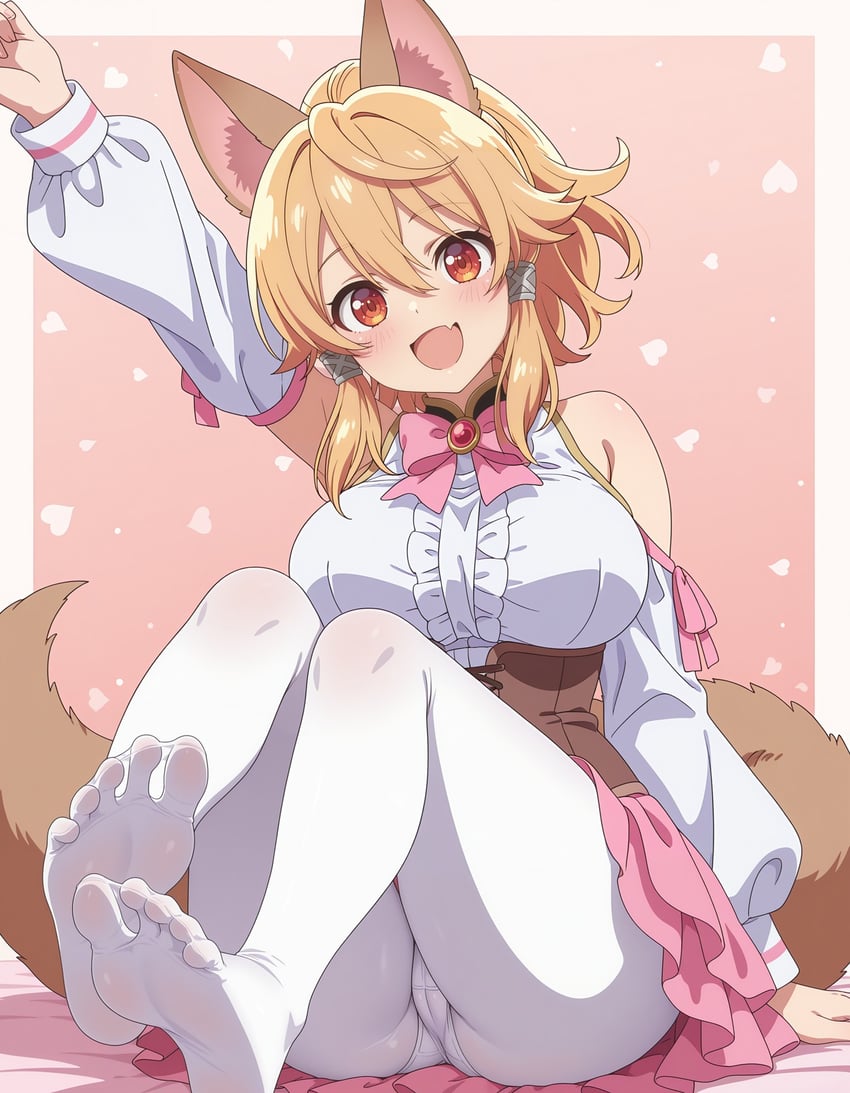 1girl, :d, animal_ear_fluff, animal_ears, arm_up, bare_shoulders, blonde_hair, blush