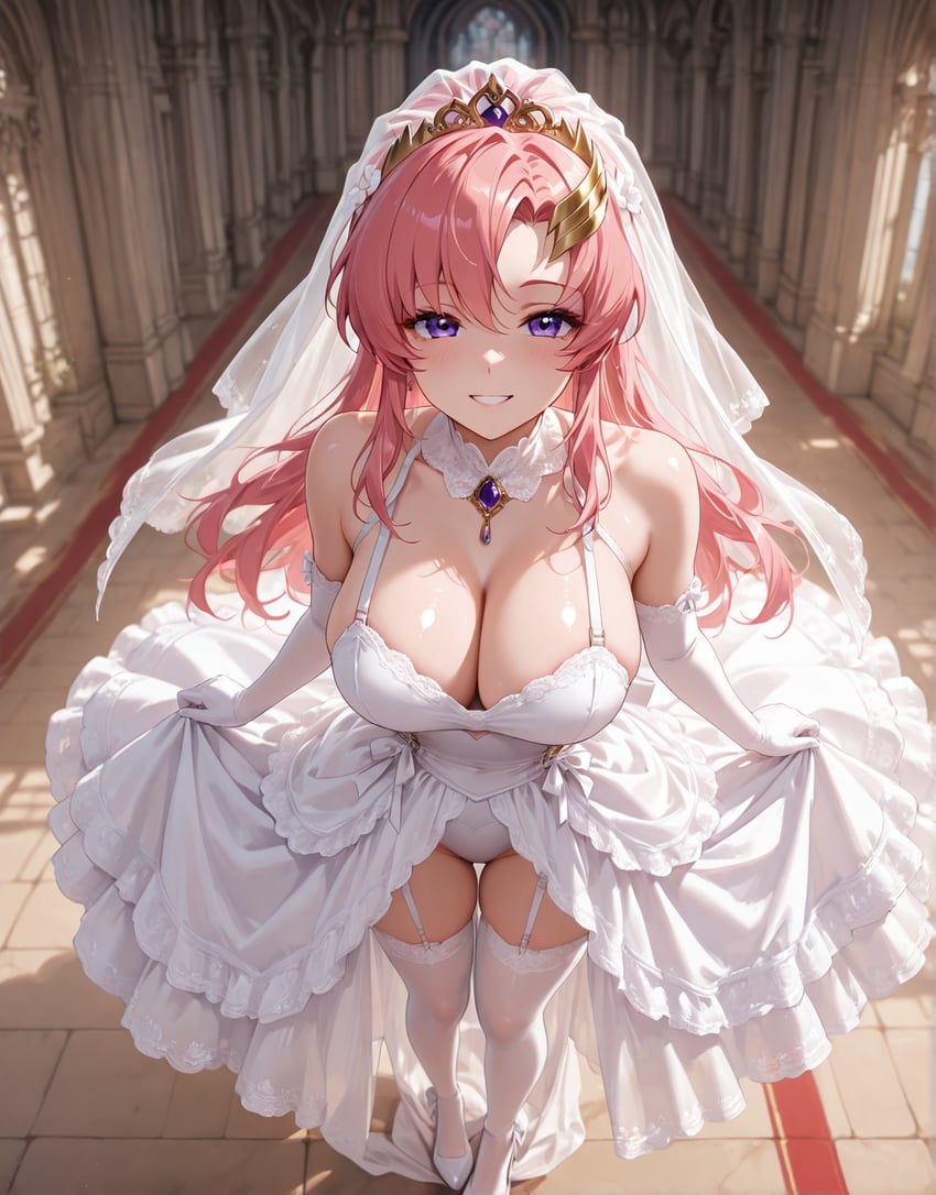 1girl, bare_shoulders, blurry, blurry_background, breasts, bridal_veil, cathedral, choker