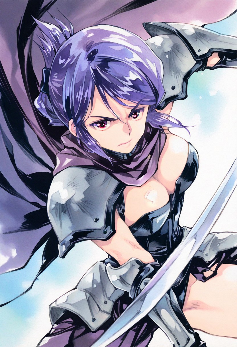 1girl, arm_armor, armor, bangs, black_gloves, black_leotard, blue_background, breasts