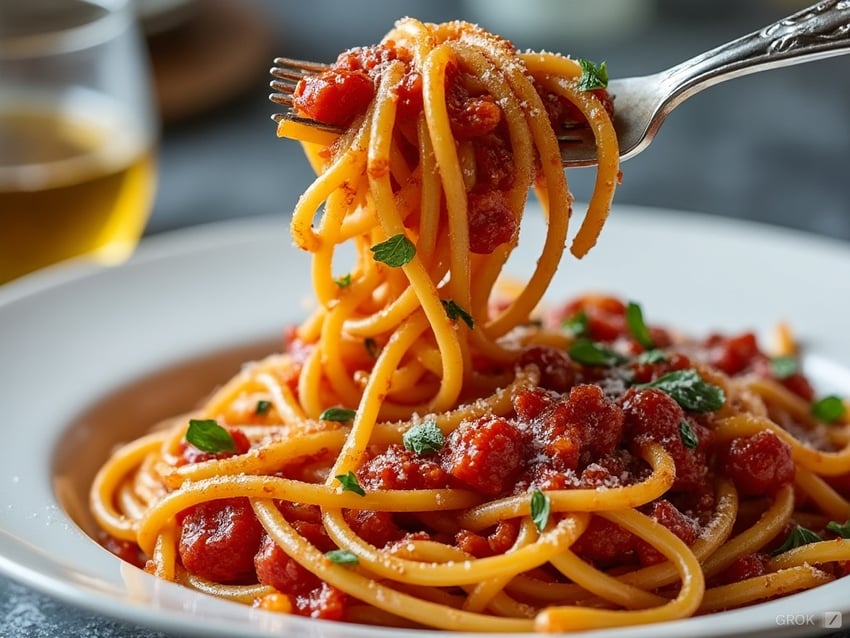 blurry, blurry_background, food, food_focus, fork, garnish, grated_cheese, grok