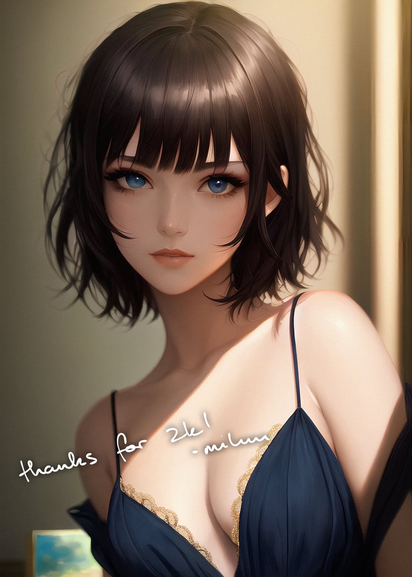 1girl, absurdres, bangs, bare_shoulders, black_hair, blue_eyes, blunt_bangs, blurry