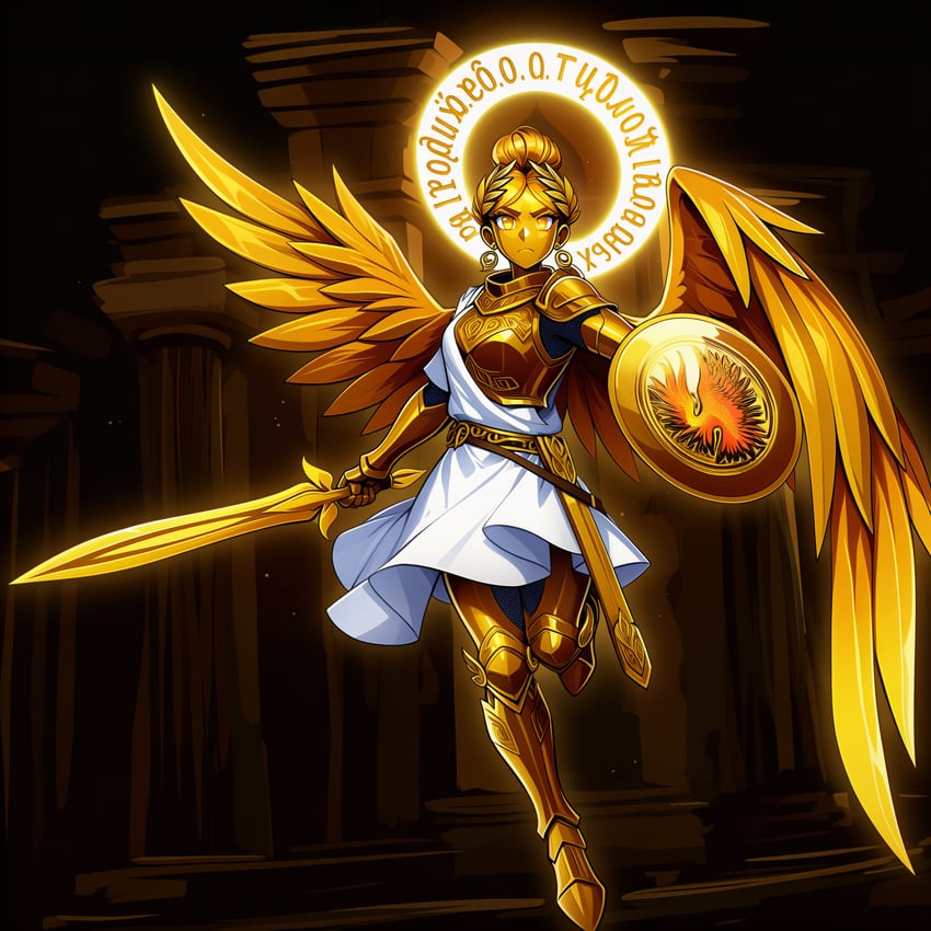 1girl, ancient_greek_clothes, angel, angel_wings, architecture, armor, belt, bird, blonde_hair, brass_armor, brass_wings, breastplate, bronze_skin, chainmail, dank-ai, earrings, feathers, full_body, gauntlets, gold_earrings, gold_eyes, gold_trim, gorget, greaves, greco-roman_architecture, greek_mythology, greek_text, hair_bun, halo, highres, jewelry, knight, laurel_crown, metal_wings, michaelia_lightwing_(dank-ai), non-web_source, novelai, original, paladin, phoenix, scabbard, self-upload, serious, sheath, shield, shiny, shiny_hair, shiny_skin, sword, weapon, white_clothing, wings, xiphos_(sword)