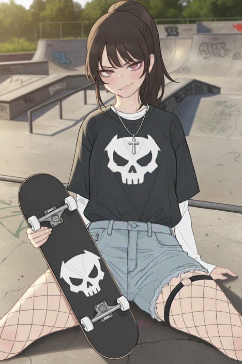 1girl, bangs, blush, brown_eyes, channelerchris, cross, cross_necklace, denim