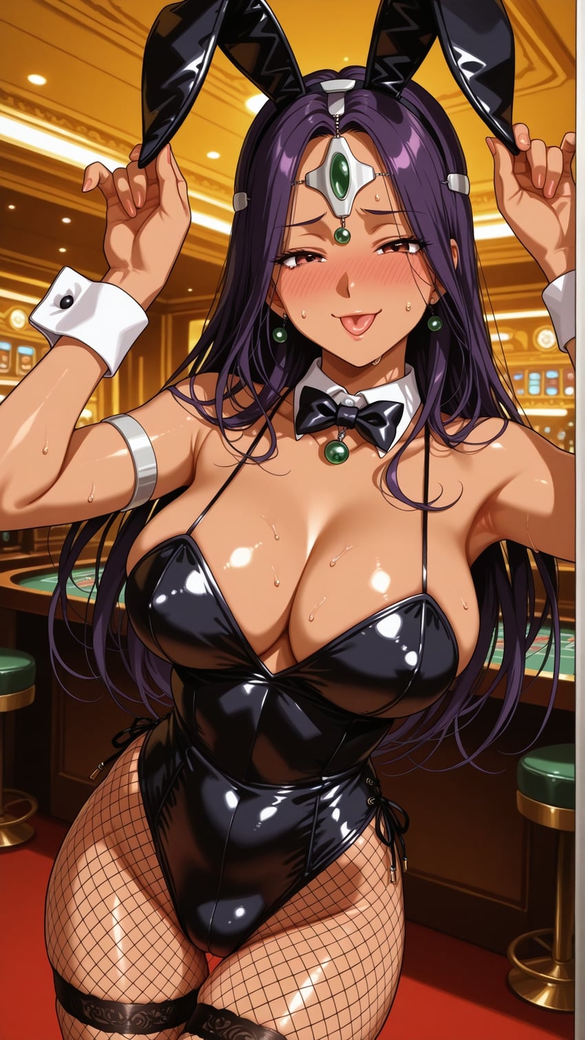 1girl, :p, \m/, animal_ears, arm_strap, black_bow, black_bowtie, black_leotard