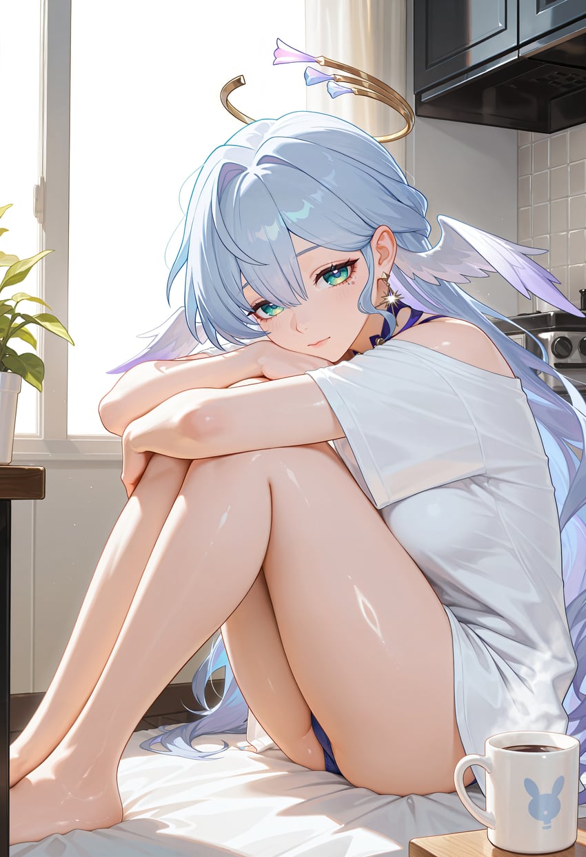 1girl, absurdres, blue_hair, coffee, coffee_mug, cup, earrings, edward_no_genso