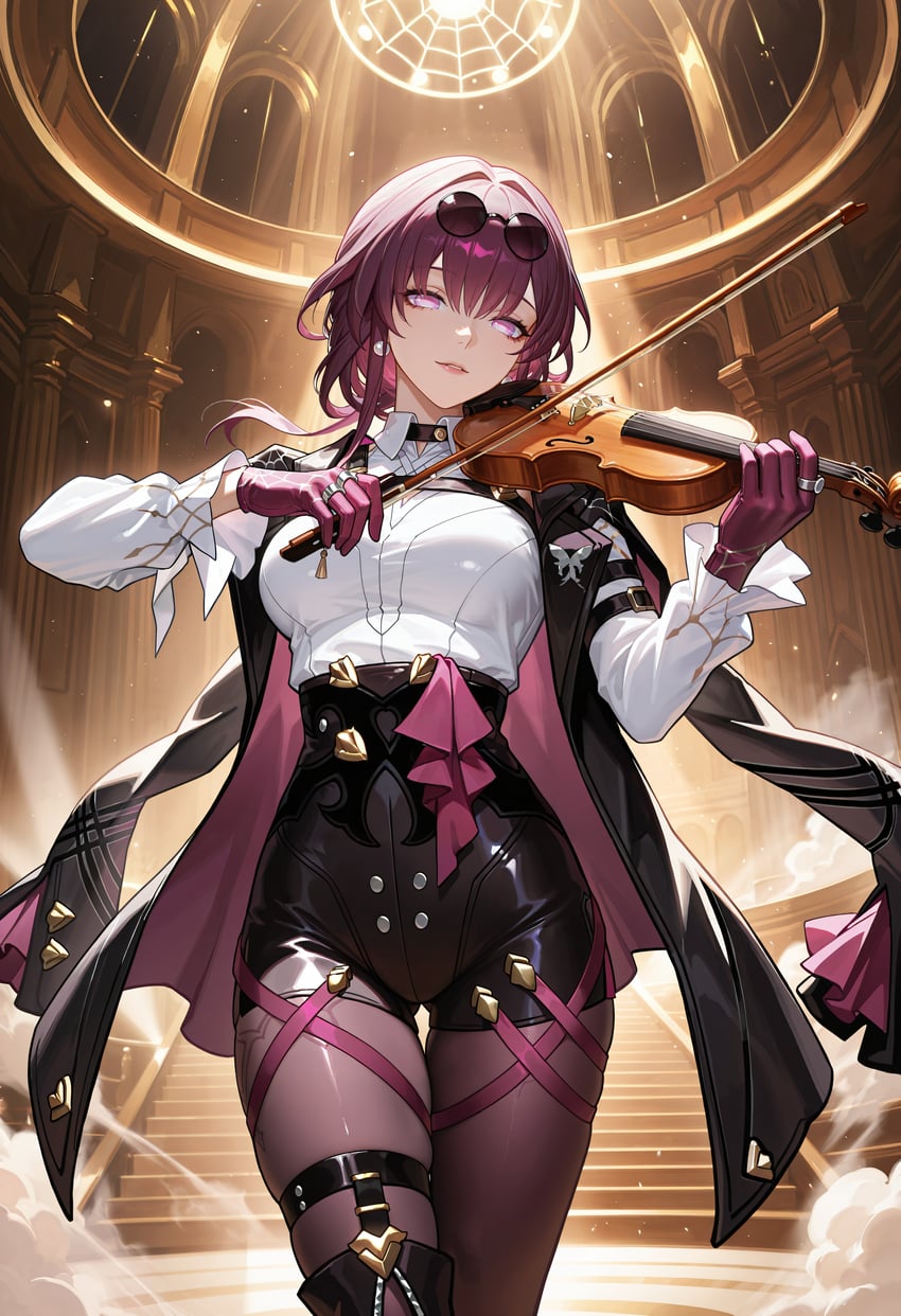 1girl, absurdres, breasts, edward_no_genso, eyewear_on_head, gloves, high-waist_shorts, highres