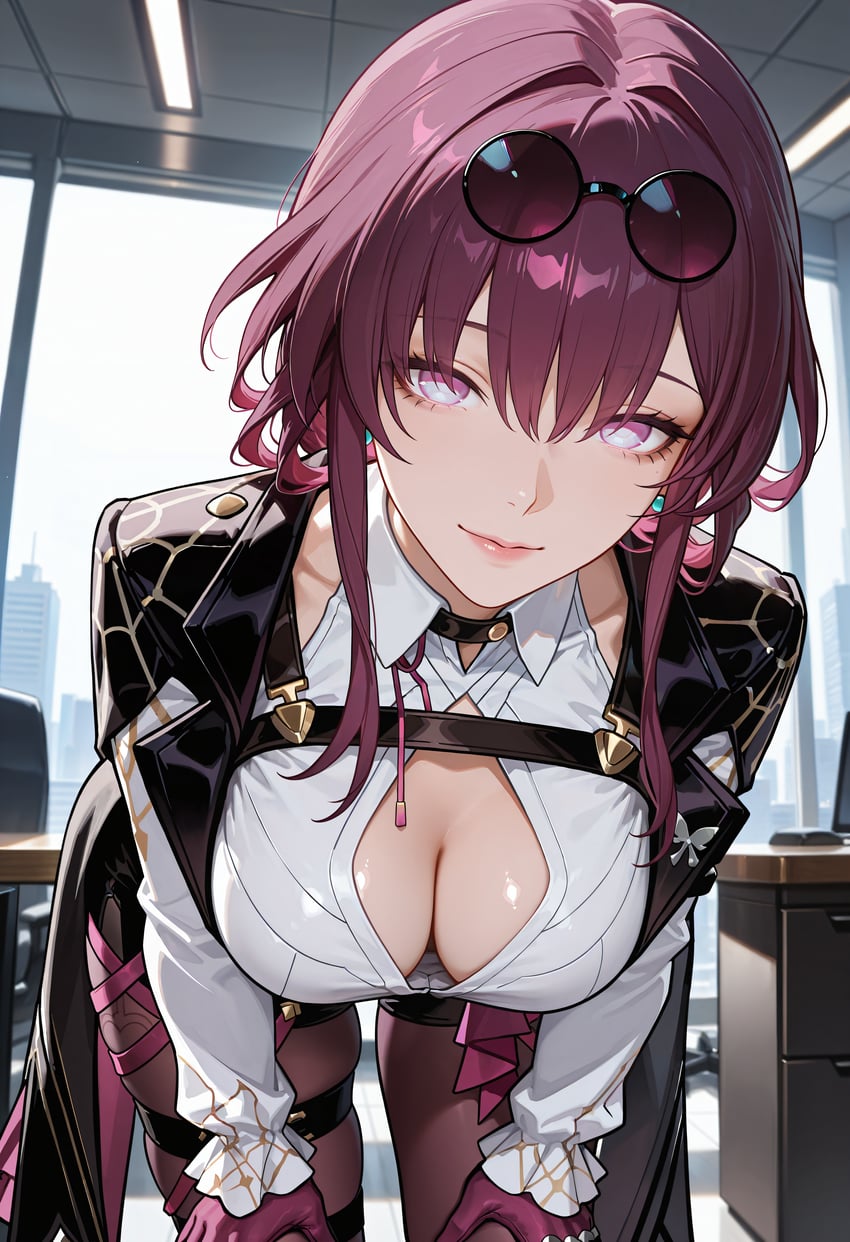 1girl, absurdres, bent_over, breasts, cleavage, edward_no_genso, eyewear_on_head, gloves