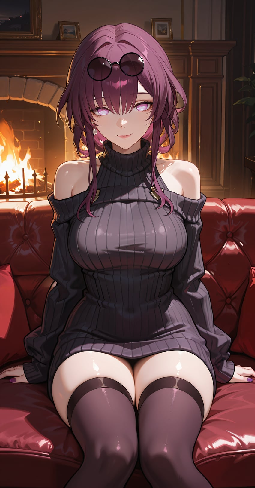 1girl, absurdres, couch, edward_no_genso, eyewear_on_head, fireplace, highres, honkai:_star_rail