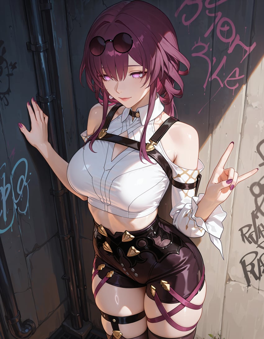 1girl, absurdres, bare_thighs, breasts, clothing_cutout, edward_no_genso, eyewear_on_head, from_above