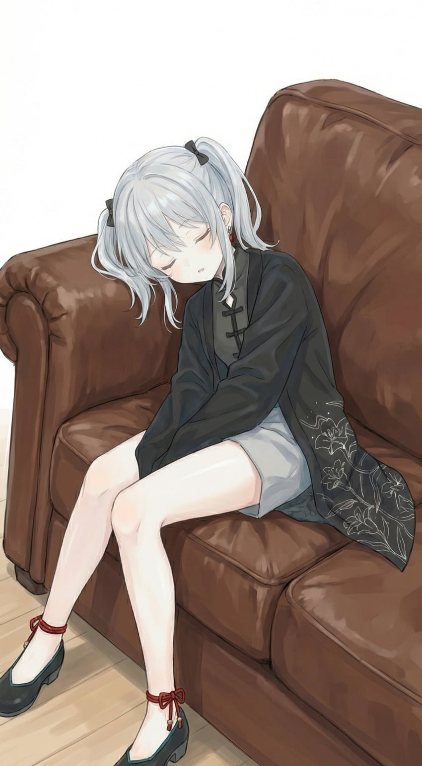 1girl, black_bow, black_footwear, black_jacket, black_shirt, bow, closed_eyes, couch