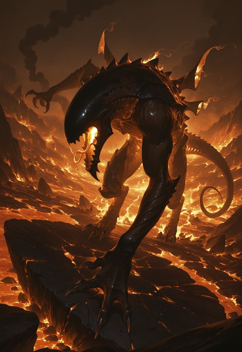arm_up, black_sky, claws, embers, exhaust_pipe, fewer_digits, fire, full_body, glowing, highres, leaning_forward, magic_the_gathering, male_focus, molten_rock, monster, no_eyes, no_humans, open_mouth, outdoors, phyrexian, robot, rock, sharp_teeth, smoke, tail, teeth, tiranthetyrant, tounge_out, urabrask, volcano