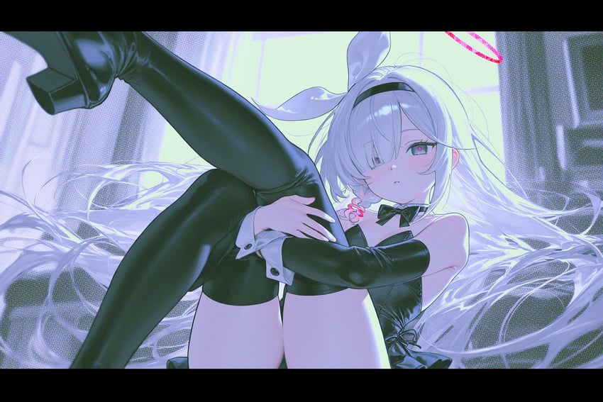 1girl, black_bow, black_bowtie, black_footwear, black_hairband, black_leotard, black_sleeves, blue_archive