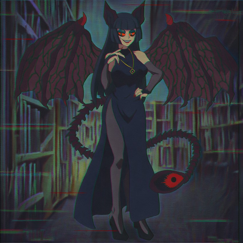 1girl, animal_ears, bat_ears, black_dress, black_hair, bodystocking, chromatic_aberration, corruption