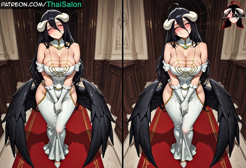 1girl, about_to_burst, ahoge, ai-assisted, albedo_(overlord), armpits, bad_source, before_sex