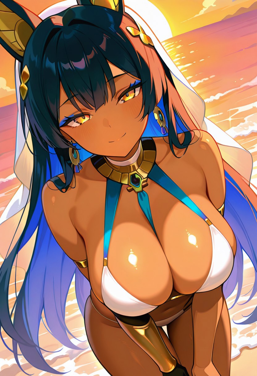 1girl, ancient_egyptian_clothes, animal_ears, armlet, astral_party, bad_arm, bad_horizon, bangs