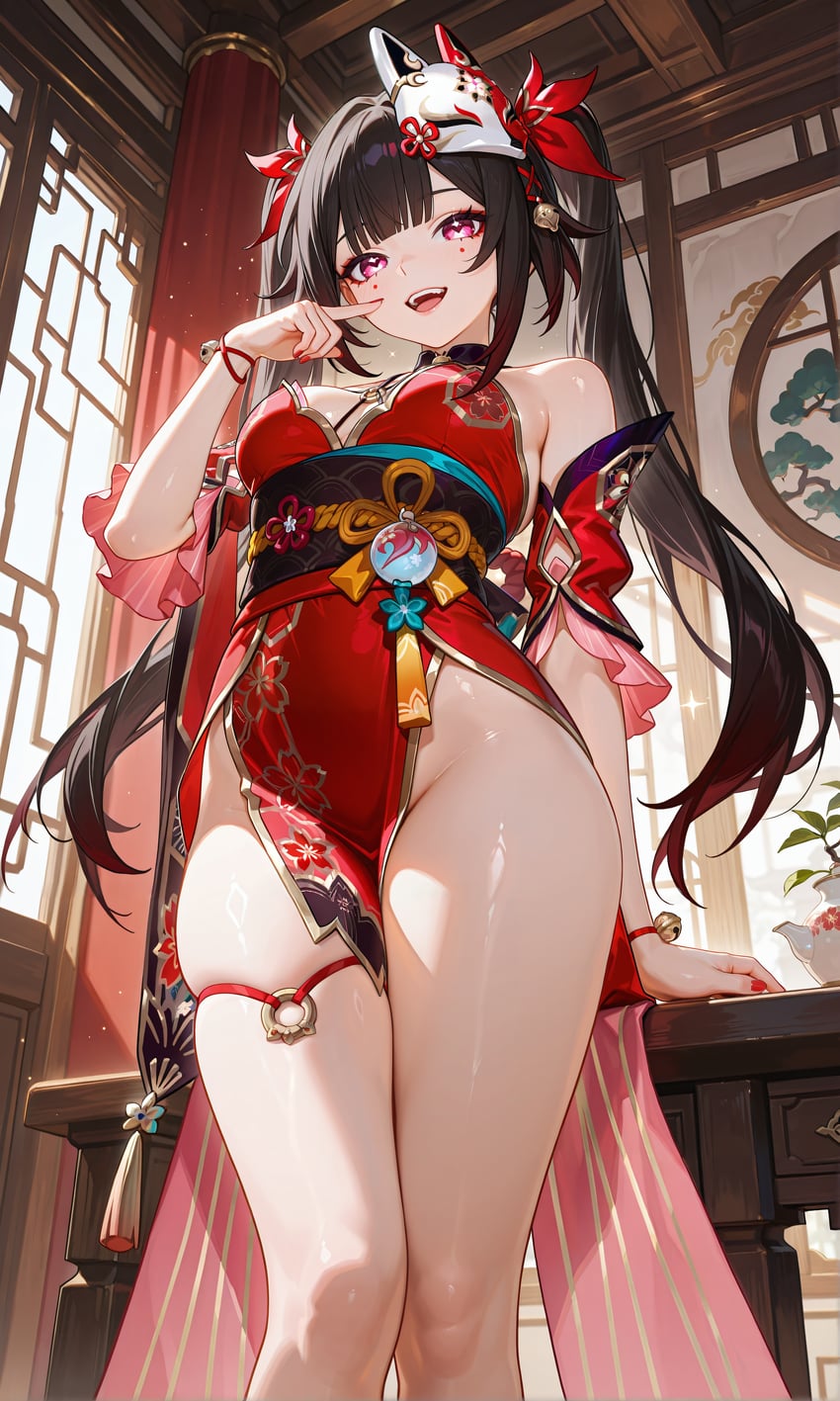 1girl, absurdres, animal_mask, architecture, bell, butterfly-shaped_pupils, circle_facial_mark, east_asian_architecture, edward_no_genso, flower_tattoo, fox_mask, from_below, hand_up, highres, honkai:_star_rail, honkai_(series), incredibly_absurdres, indoors, japanese_clothes, jingle_bell, kimono, laughing, looking_at_viewer, mark_under_both_eyes, mask, mask_on_head, neck_bell, pink_eyes, red_kimono, red_nails, self-upload, short_kimono, sparkle_(honkai:_star_rail), standing, tattoo, twintails