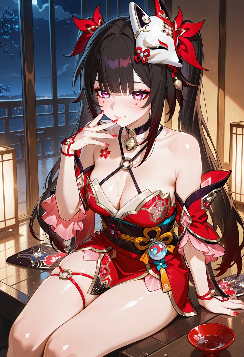 1girl, absurdres, animal_mask, bell, butterfly-shaped_pupils, choko_(cup), circle_facial_mark, cup