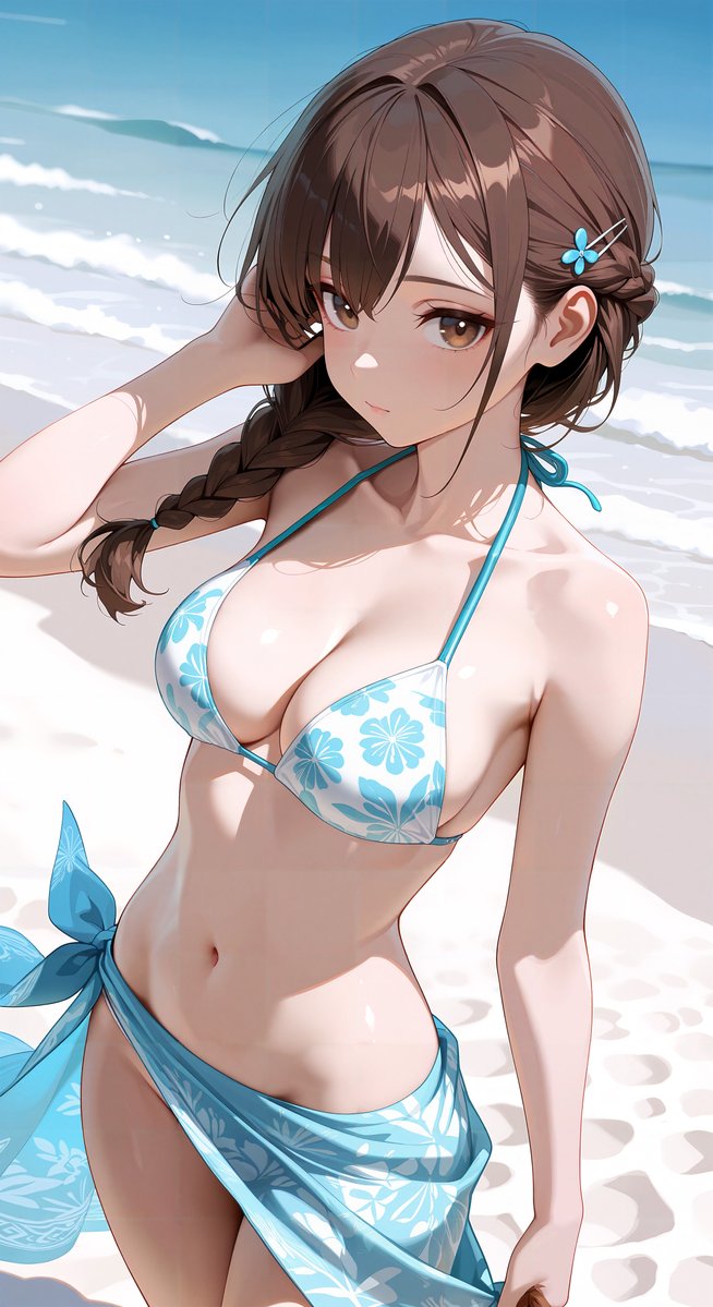 1girl, arm_at_side, arm_up, beach, bikini, blue_bikini, blue_sarong, braid