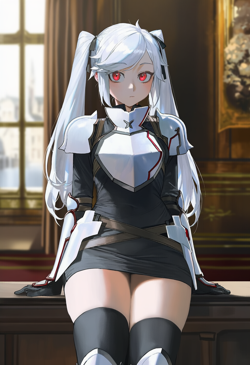 1girl, albino, apprenticedomini, armor, armored_boots, armored_dress, bangs, bell_cranel