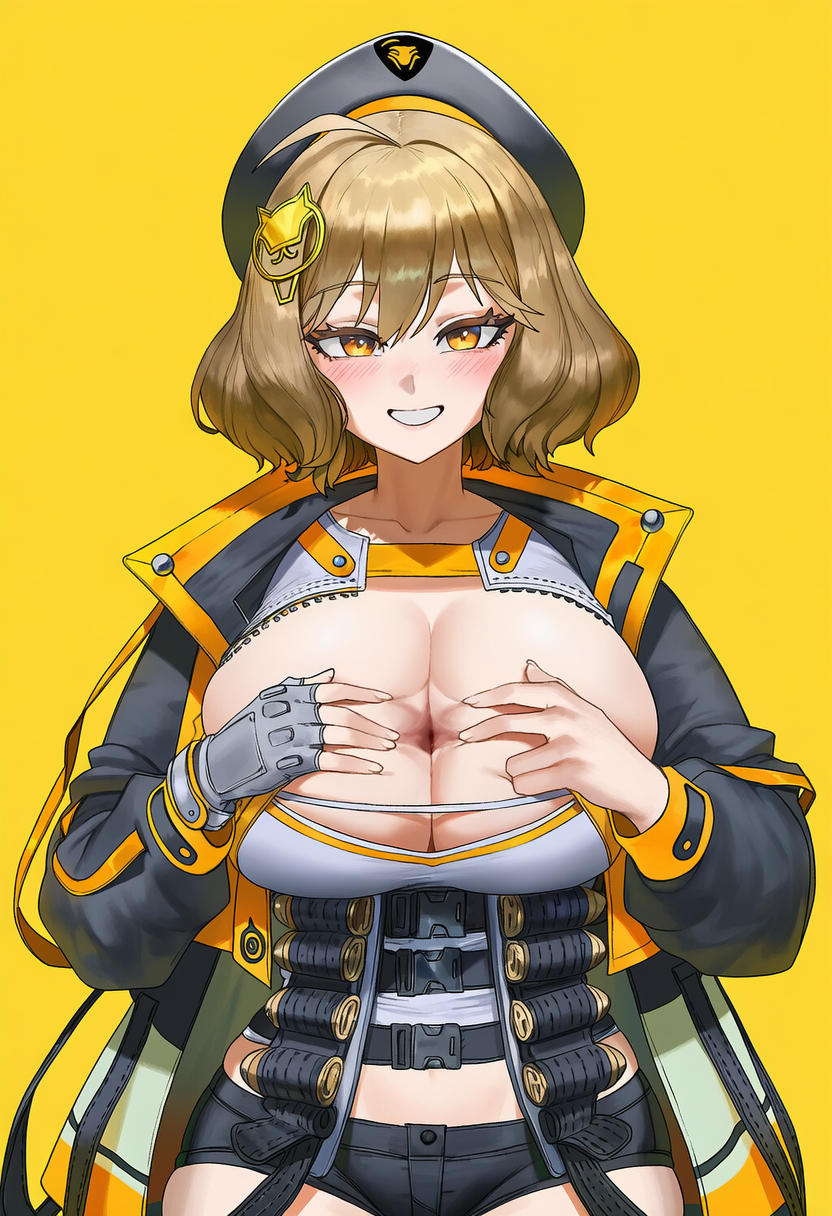 1girl, :d, ahoge, ammunition_belt, anis_(nikke), apprenticedomini, bangs, beret