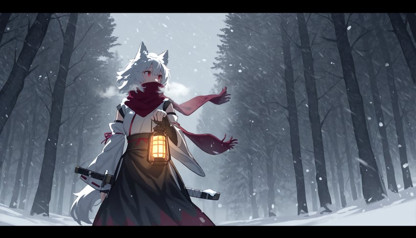 1girl, absurdres, animal_ears, bare_tree, black_scarf, black_skirt, blizzard, blurry