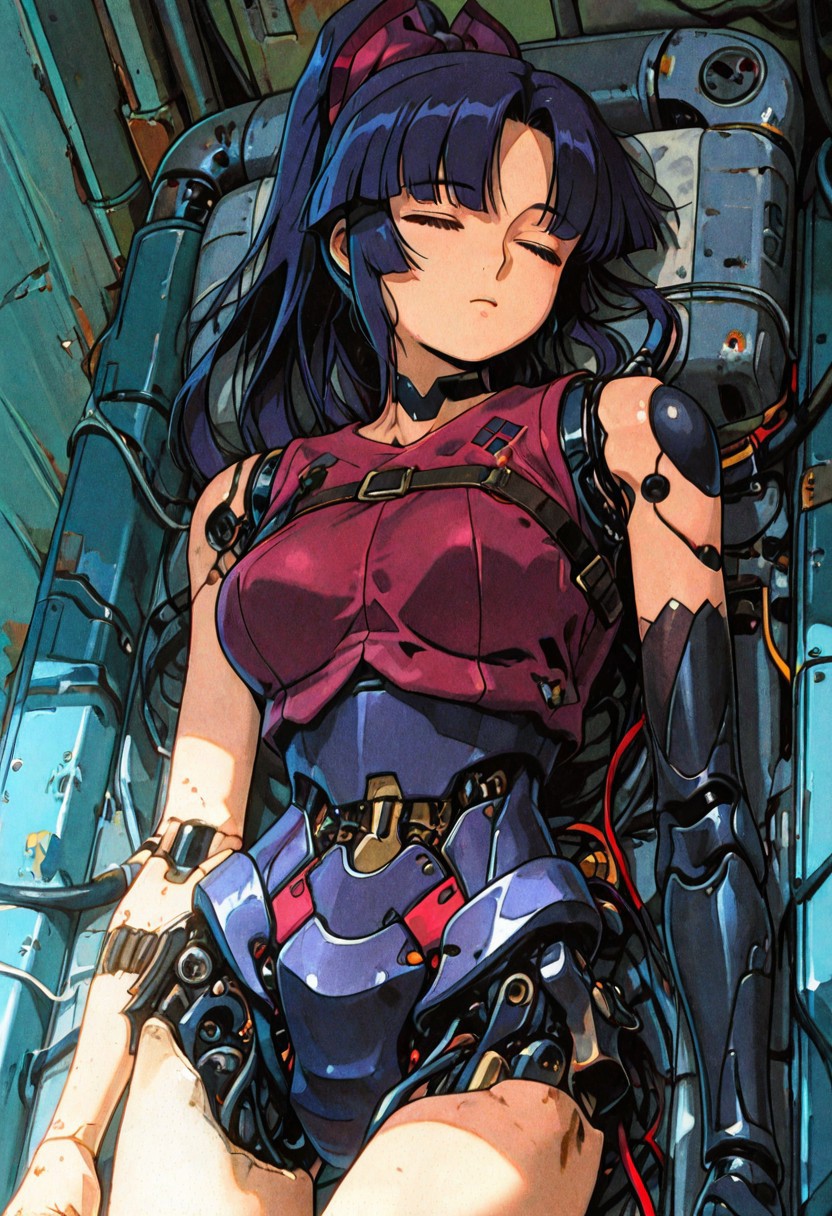 1girl, android, bangs, black_hair, blue_hair, blunt_bangs, blush, bow