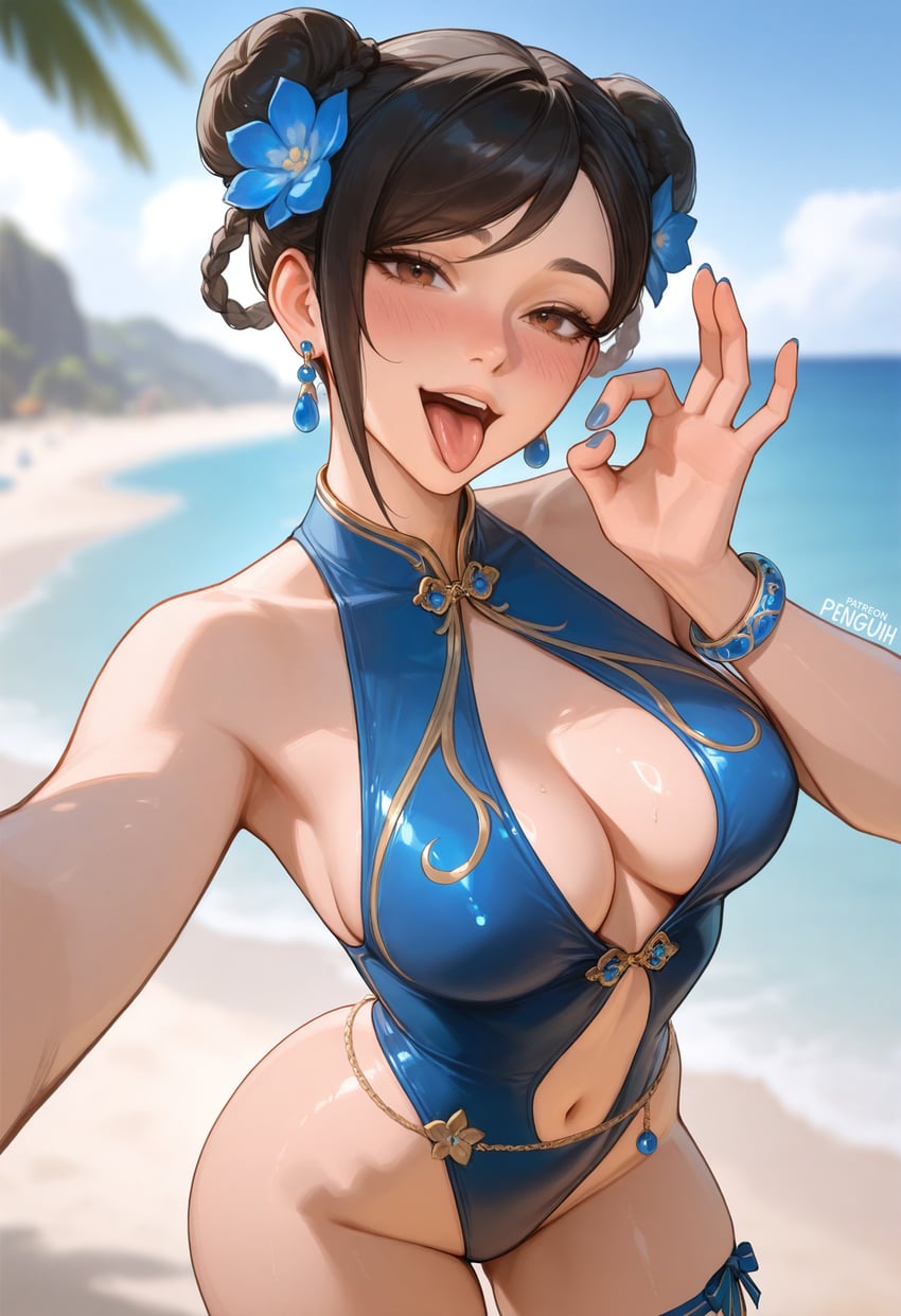 1girl, :p, asymmetrical_bangs, bangs, bare_arms, beach, bikini, black_hair