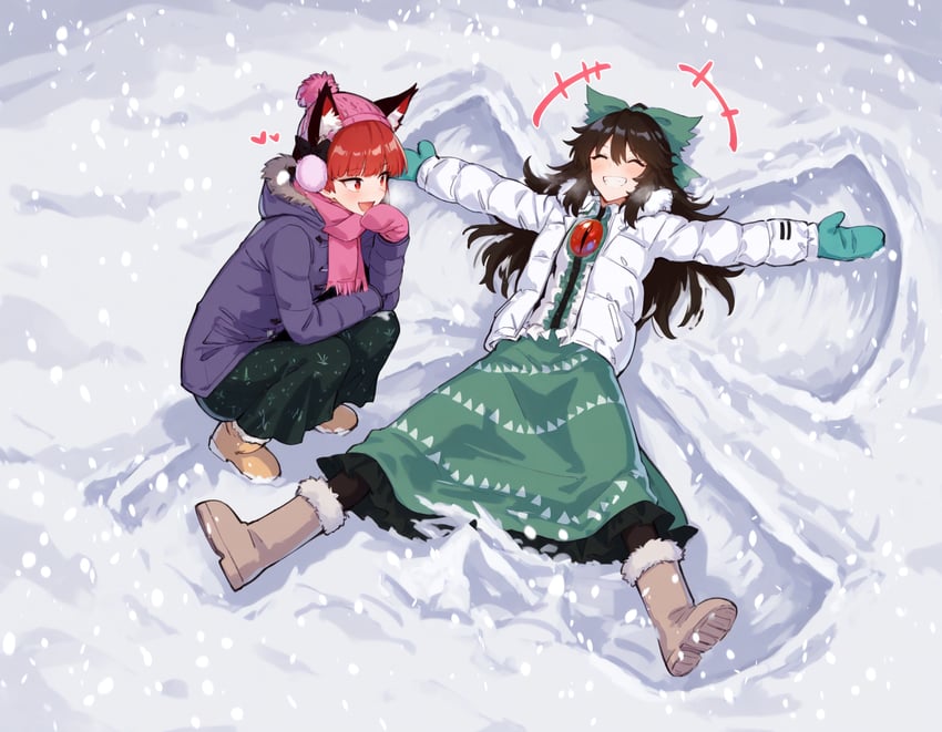 +++, 2girls, :d, ^_^, animal_ear_fluff, animal_ears, beanie, bow