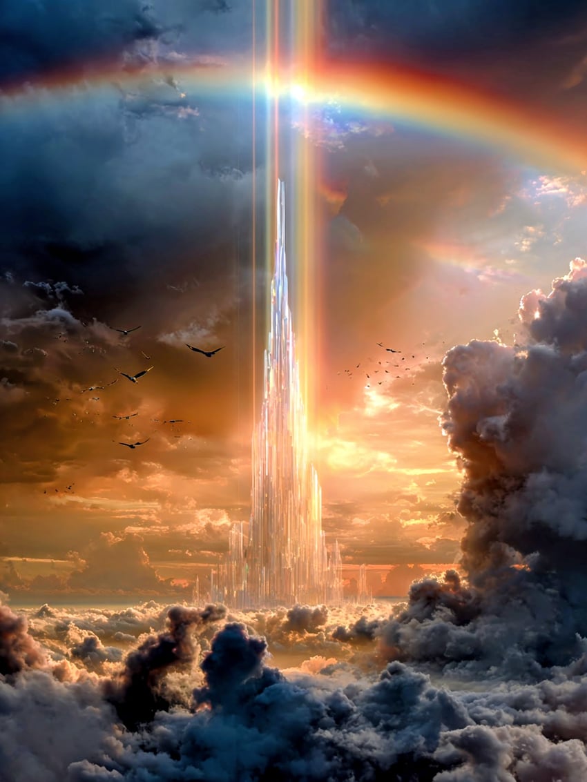 animal, bird, cloud, commentary_request, cumulonimbus_cloud, day, double_rainbow, highres