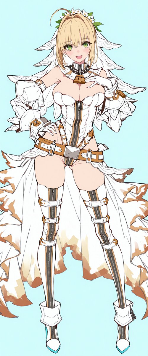 1girl, bare_shoulders, belt, blonde_hair, blue_background, blush, breasts, bridal_veil