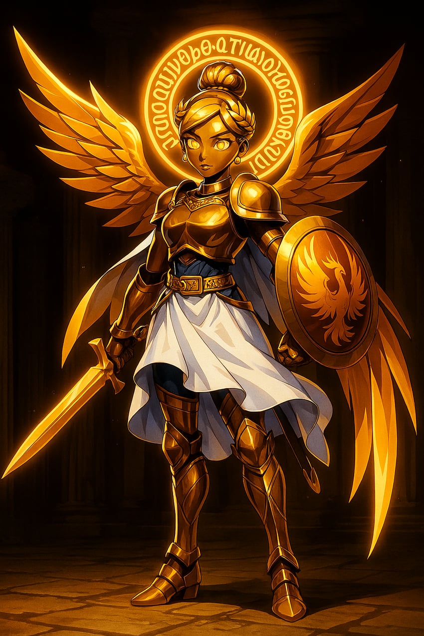 1girl, ancient_greek_clothes, armor, bird, blonde_hair, brass_armor, brass_wings, breastplate, chatgpt, dank-ai, earrings, full_body, gauntlets, golden_eyes, gorget, greaves, greek_text, halo, jewelry, laurel_crown, metal_skin, michaelia_lightwing_(dank-ai), multiple_wings, non-web_source, original, phoenix, self-upload, shield, short_sword, skirt, sword, weapon, wings