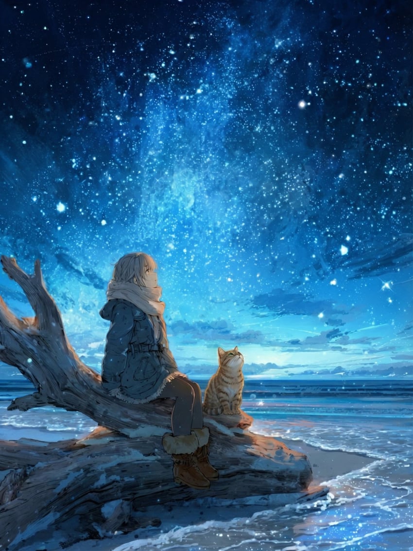 1girl, beach, black_pantyhose, blue_jacket, blue_sleeves, boots, brown_footwear, brown_hair